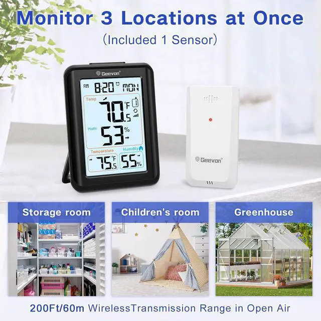 Alt view image 4 of 7 - Wireless Indoor Outdoor Thermometer Hygrometer, Digital Temperature Humidity Monitor with Large LCD Display, Clock, Alarm, for Home Garden Greenhouse Basement