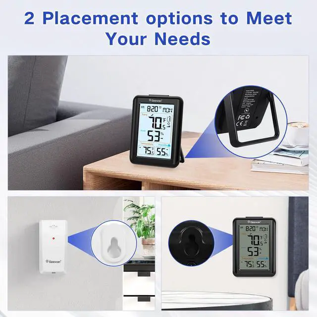 Alt view image 7 of 7 - Wireless Indoor Outdoor Thermometer Hygrometer, Digital Temperature Humidity Monitor with Large LCD Display, Clock, Alarm, for Home Garden Greenhouse Basement