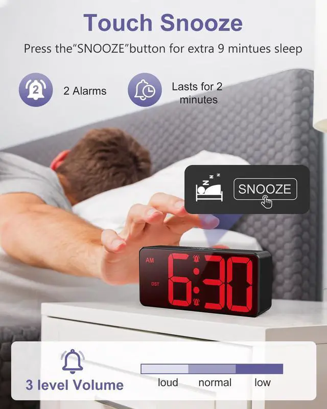 Alt view image 4 of 7 - Battery Operated Digital Clock, Dual Alarm Clock for Bedroom with Touch Snooze, DST, 3 Levels Adjustable Brightness & Adjustable Volume, Night Mode, Suitable for Seniors, Kids, Teens