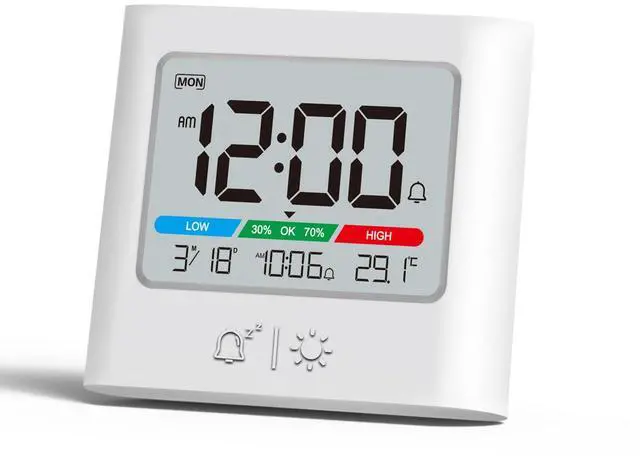Main image of Small Battery Alarm Clock, Portable Pocket Size Travel Alarm Clock,Date Temperature Humidity Display, Snooze, Backlight, Wall Mountable, for Student Dorm, Desk, Shelf