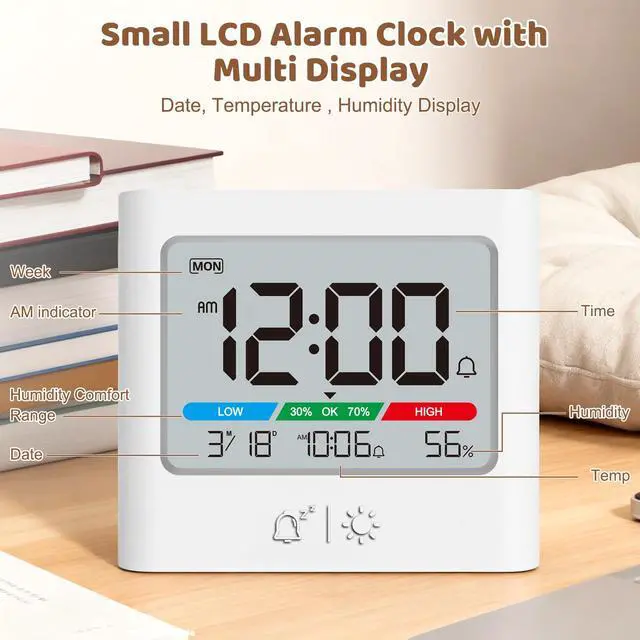 Alt view image 2 of 7 - Small Battery Alarm Clock, Portable Pocket Size Travel Alarm Clock,Date Temperature Humidity Display, Snooze, Backlight, Wall Mountable, for Student Dorm, Desk, Shelf