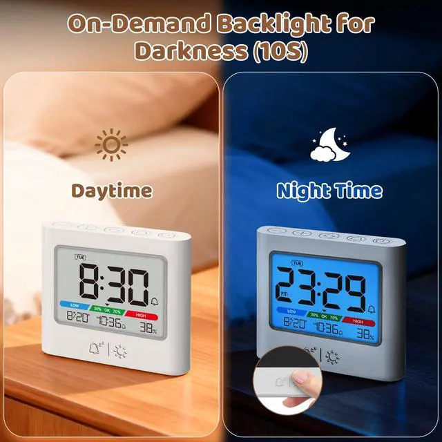 Alt view image 3 of 7 - Small Battery Alarm Clock, Portable Pocket Size Travel Alarm Clock,Date Temperature Humidity Display, Snooze, Backlight, Wall Mountable, for Student Dorm, Desk, Shelf