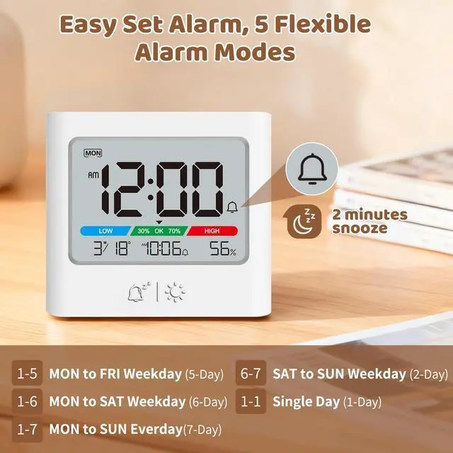 Alt view image 4 of 7 - Small Battery Alarm Clock, Portable Pocket Size Travel Alarm Clock,Date Temperature Humidity Display, Snooze, Backlight, Wall Mountable, for Student Dorm, Desk, Shelf