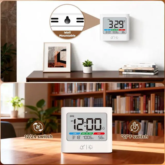Alt view image 6 of 7 - Small Battery Alarm Clock, Portable Pocket Size Travel Alarm Clock,Date Temperature Humidity Display, Snooze, Backlight, Wall Mountable, for Student Dorm, Desk, Shelf