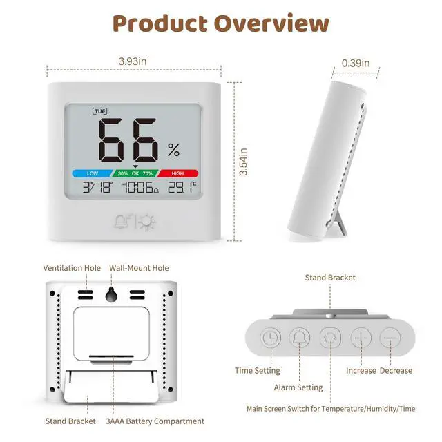 Alt view image 7 of 7 - Small Battery Alarm Clock, Portable Pocket Size Travel Alarm Clock,Date Temperature Humidity Display, Snooze, Backlight, Wall Mountable, for Student Dorm, Desk, Shelf