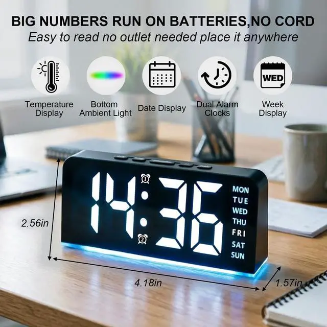 Alt view image 2 of 7 - Alarm Clock with Night Light, Battery Operated + Plug in Clock