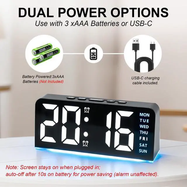 Alt view image 5 of 7 - Alarm Clock with Night Light, Battery Operated + Plug in Clock
