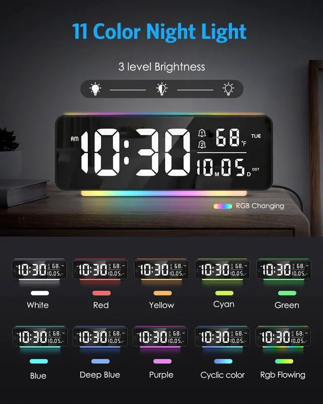 Alt view image 2 of 7 - Digital Alarm Clock, 6.5" Large Display Bedside Clock, Plug-in Clock | 11 Color Night Light, Dual Alarms, 5 Dimmer Brightness, Snooze & DST for Bedroom Office Dorm