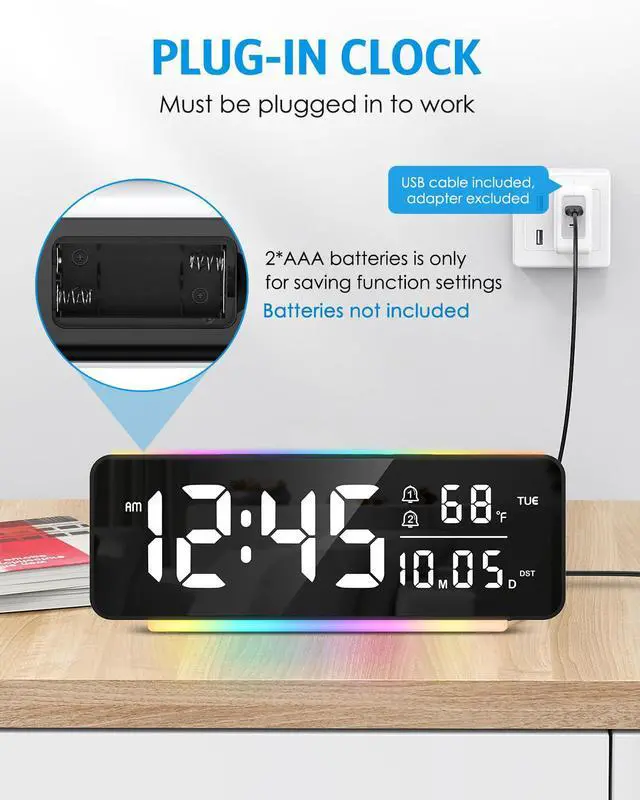 Alt view image 4 of 7 - Digital Alarm Clock, 6.5" Large Display Bedside Clock, Plug-in Clock | 11 Color Night Light, Dual Alarms, 5 Dimmer Brightness, Snooze & DST for Bedroom Office Dorm
