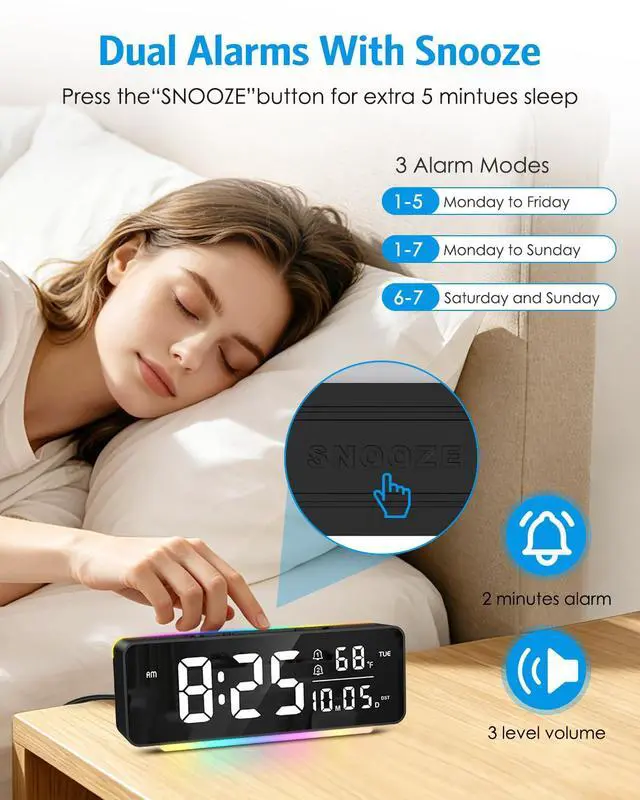 Alt view image 3 of 7 - Digital Alarm Clock, 6.5" Large Display Bedside Clock, Plug-in Clock | 11 Color Night Light, Dual Alarms, 5 Dimmer Brightness, Snooze & DST for Bedroom Office Dorm