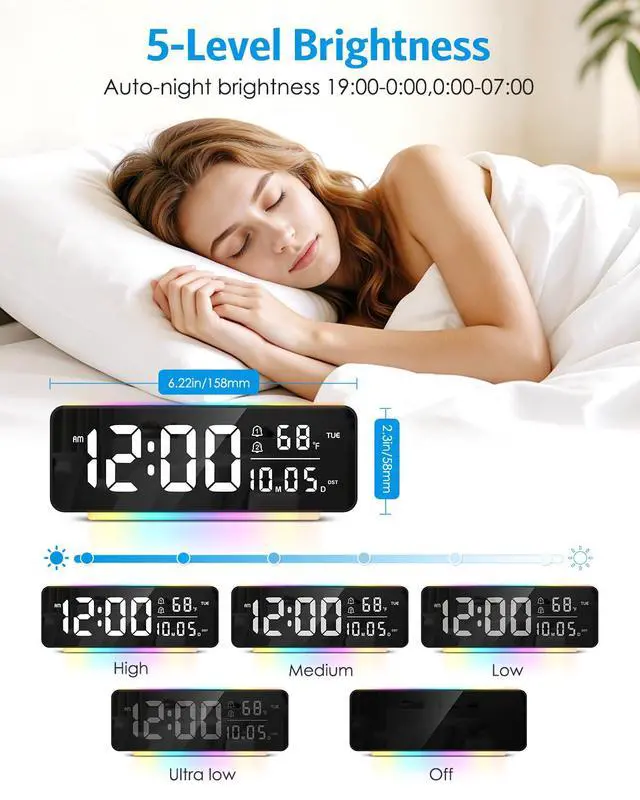 Alt view image 5 of 7 - Digital Alarm Clock, 6.5" Large Display Bedside Clock, Plug-in Clock | 11 Color Night Light, Dual Alarms, 5 Dimmer Brightness, Snooze & DST for Bedroom Office Dorm