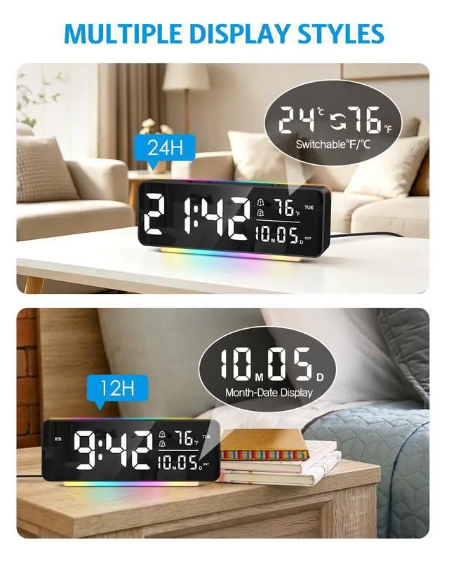 Alt view image 6 of 7 - Digital Alarm Clock, 6.5" Large Display Bedside Clock, Plug-in Clock | 11 Color Night Light, Dual Alarms, 5 Dimmer Brightness, Snooze & DST for Bedroom Office Dorm