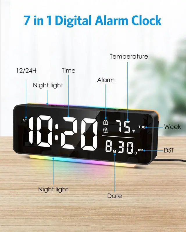 Alt view image 7 of 7 - Digital Alarm Clock, 6.5" Large Display Bedside Clock, Plug-in Clock | 11 Color Night Light, Dual Alarms, 5 Dimmer Brightness, Snooze & DST for Bedroom Office Dorm