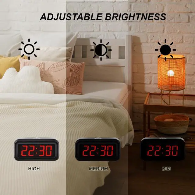 Alt view image 3 of 7 - Alarm Clock,Digital Alarm Clock for Bedrooms,Battery Operated Clock,Adjustable 3 Brightness,1.2 inch LED Time Display, 12/24Hr, Cordless,Snooze (Black)