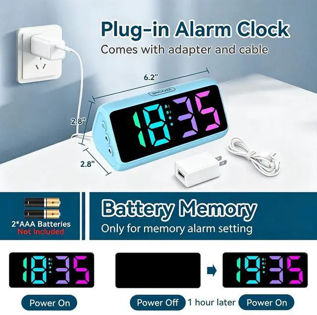 Alt view image 3 of 7 - Loud Alarm Clock for Heavy Sleepers, RGB Alarm Clocks for Bedrooms Seniors Kids, Plug in Digital Clock with 5 Dimmers, 2 Alarms, 4 Volumes and Snooze