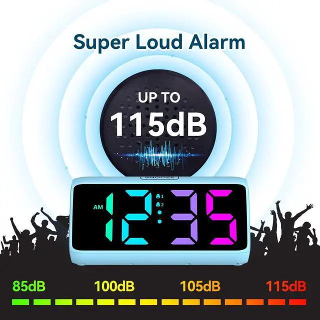 Alt view image 2 of 7 - Loud Alarm Clock for Heavy Sleepers, RGB Alarm Clocks for Bedrooms Seniors Kids, Plug in Digital Clock with 5 Dimmers, 2 Alarms, 4 Volumes and Snooze