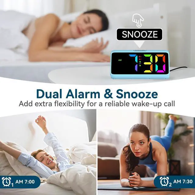 Alt view image 5 of 7 - Loud Alarm Clock for Heavy Sleepers, RGB Alarm Clocks for Bedrooms Seniors Kids, Plug in Digital Clock with 5 Dimmers, 2 Alarms, 4 Volumes and Snooze