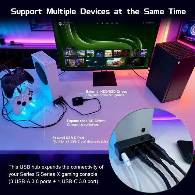Alt view image 3 of 7 - 4 Ports USB Hub 3.0 for Xbox Series X & S, USB Splitter Expansion Adapter with Type-C for External Hard Drives, Controller Charger, Keyboard, Mouse & More - Black