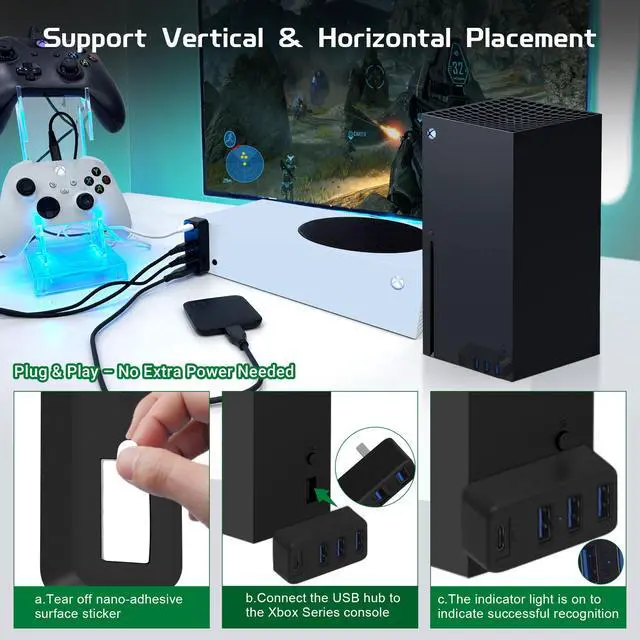 Alt view image 5 of 7 - 4 Ports USB Hub 3.0 for Xbox Series X & S, USB Splitter Expansion Adapter with Type-C for External Hard Drives, Controller Charger, Keyboard, Mouse & More - Black