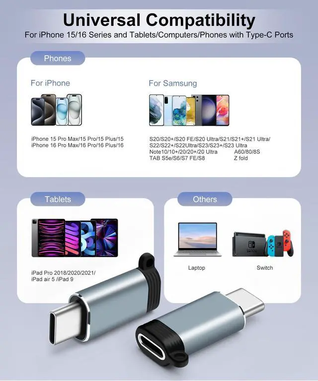 Alt view image 7 of 7 - Lightning Female to USB-C Male Adapter (2-Pack), USB C Lightning Adapter, Data Transfer for iPhone 16/15 Series, MacBook Pro/Air, iPad, Not for Audio/OTG - Gray