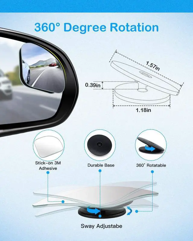 Alt view image 2 of 7 - Fan Shaped Blind Spot Mirror 2pc, 360 Degree Adjustable HD Glass | Frameless Convex Rear View Mirror, for any Car, Van, SUV and Trucks