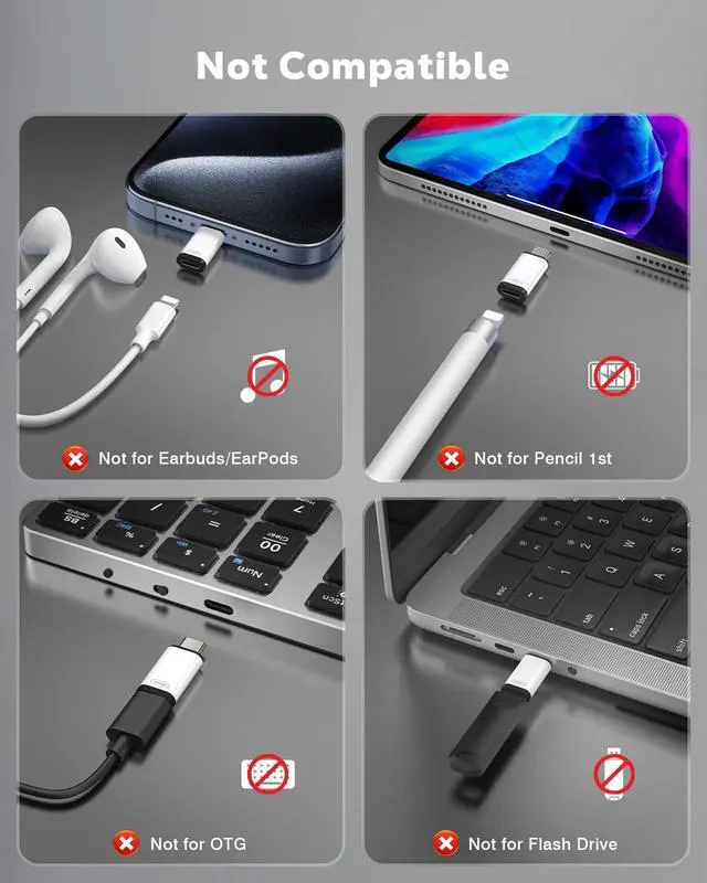 Alt view image 2 of 7 - Lightning to USB-C Adapter for iPhone 17 16 15, Charge Only, 2 PCS | Not for Earphone/Portable Storage Devices/iPencil, Charging Only, Lightning Female to USB-C Male, For USB-C Phon, White/Black