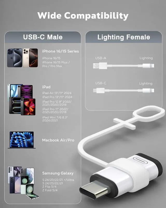 Alt view image 6 of 7 - Lightning to USB-C Adapter for iPhone 17 16 15, Charge Only, 2 PCS | Not for Earphone/Portable Storage Devices/iPencil, Charging Only, Lightning Female to USB-C Male, For USB-C Phon, White/Black