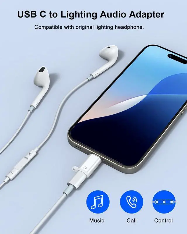 Alt view image 2 of 7 - Headphone Adapter for iPhone Lightning to USB C Audio Adapter | USB-C Male to Lightning Female Earbuds Converter, Support Line Control & Calls, Not for Charging/Data Transfer