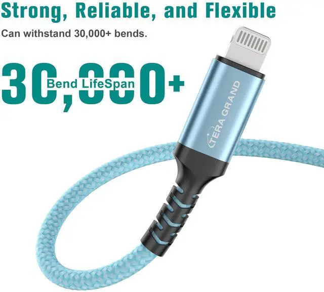 Alt view image 3 of 6 - MFi Certified USB-C to Lightning Braided Cable for iPhone 14/13/12/11 Pro Pro Max Plus Mini, SE XS Max XR X, 8/7/6 Plus, iPad, AirPods, 6 Ft Sierra Blue