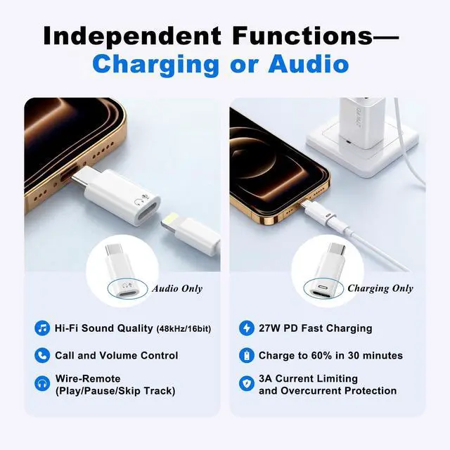 Alt view image 2 of 7 - (New Combo) Lightning to USB C Adapter Compatible with iPhone 17/16/15 | 1×48kHz/16bit Hi-Fi Audio Headphone Adapter with Line Control + 1×27W Fast Charging Lightning to USBC Adapter with 3A Limit