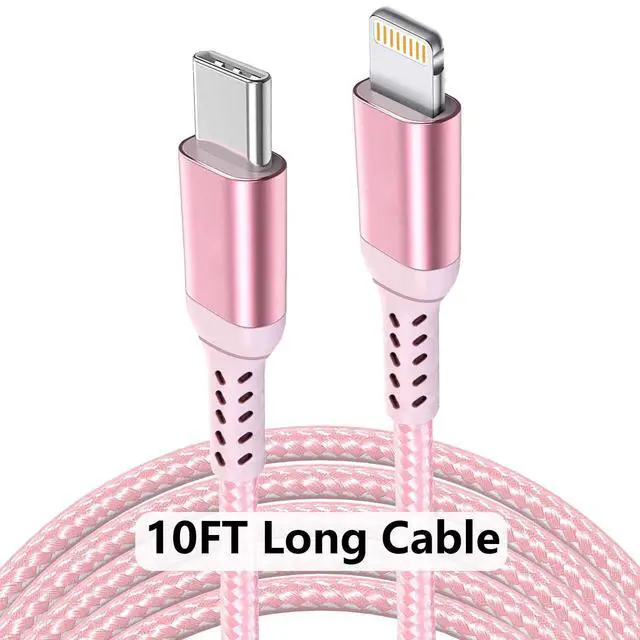 Alt view image 3 of 6 - 10FT Long iPhone USB-C to Lightning Cable Apple MFi Certified Pink | 20W 3A (max) USB C Power Delivery Fast Charge for iPhone 14 13 12 11 10 Max X XS XR 9 8, AirPods, iPad, Charging Cord