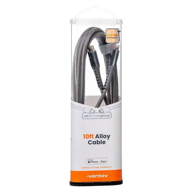 Alt view image 7 of 7 - USB C to Apple Lightning High-Speed Ultra Durable Alloy Cable for iPhone 1-14, AirPods, iPads and More Devices (10 Foot, Gray)
