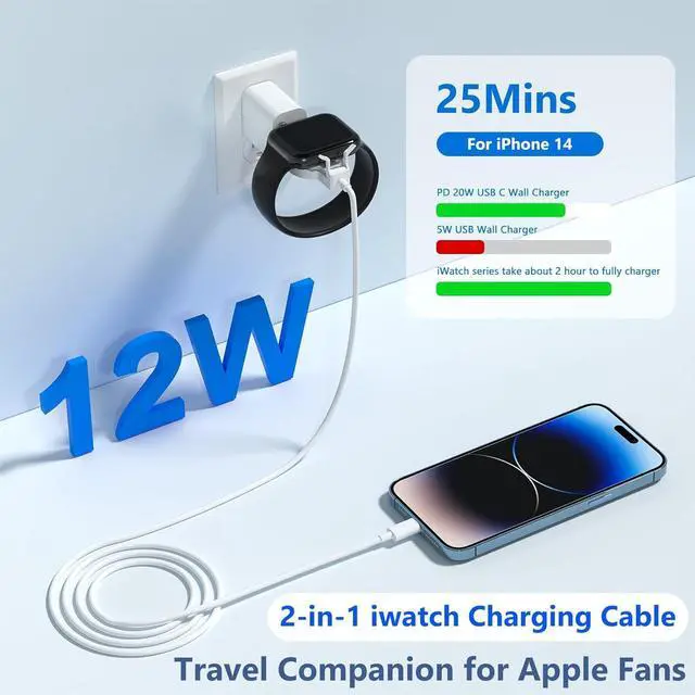 Alt view image 2 of 6 - 2 in 1 Apple Watch&iPhone Charger Cable, Fast Charging USB-C Magnetic Wireless Charger for Apple Watch 9/8/7/SE/Ultra & iPhone 14/13/12, Portable Dual Charger Cord for Travel and Daily Use (1, White)