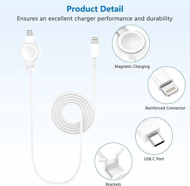 Alt view image 3 of 6 - 2 in 1 Apple Watch&iPhone Charger Cable, Fast Charging USB-C Magnetic Wireless Charger for Apple Watch 9/8/7/SE/Ultra & iPhone 14/13/12, Portable Dual Charger Cord for Travel and Daily Use (1, White)