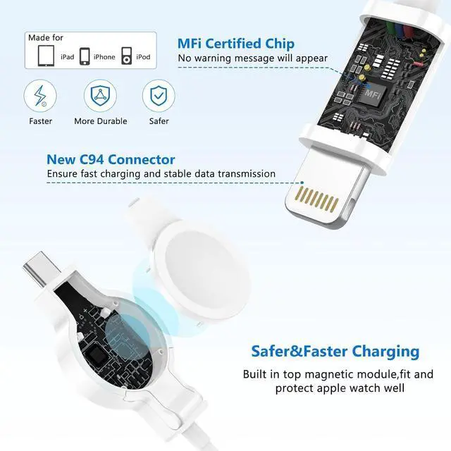 Alt view image 5 of 6 - 2 in 1 Apple Watch&iPhone Charger Cable, Fast Charging USB-C Magnetic Wireless Charger for Apple Watch 9/8/7/SE/Ultra & iPhone 14/13/12, Portable Dual Charger Cord for Travel and Daily Use (1, White)