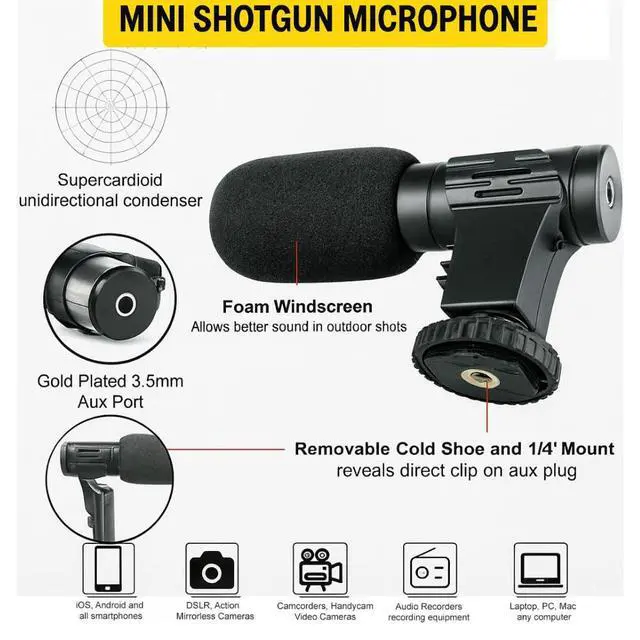 Alt view image 2 of 7 - Mini Shotgun Microphone for Camera & Smartphone, External Camera Mic for DSLR, Camcorder & Phone, 3.5mm Plug, Vlogging & YouTube