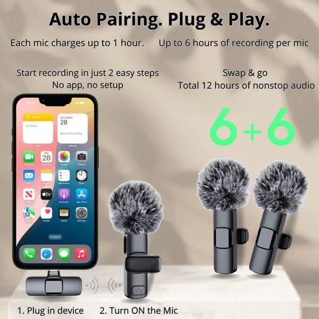 Alt view image 6 of 7 - Lavalier Microphone for iPhone & Android 2 Pack Plug & Play Mini Clip-On Mics with Noise Cancelling, 6H Battery, Perfect for YouTube, TikTok, Podcast, Interviews & UGC Creators