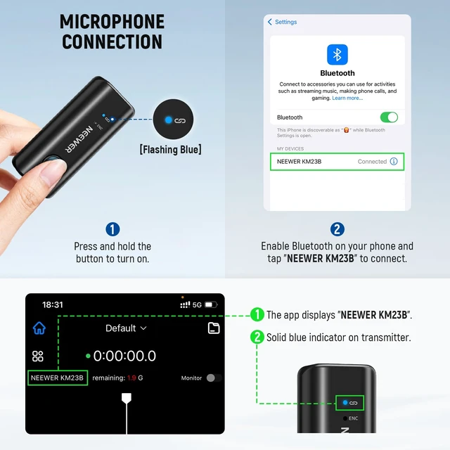 Alt view image 3 of 7 - KM23B Wireless Lavalier Microphone Bluetooth App Control, Compatible with iPhone Android Phone 8Hrs Battery Vocal Enhancement Noise Cancellation Volume Adjustment Low Cut for Streaming Vlogging