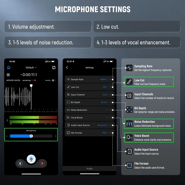 Alt view image 4 of 7 - KM23B Wireless Lavalier Microphone Bluetooth App Control, Compatible with iPhone Android Phone 8Hrs Battery Vocal Enhancement Noise Cancellation Volume Adjustment Low Cut for Streaming Vlogging