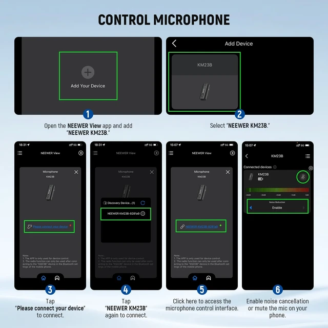 Alt view image 6 of 7 - KM23B Wireless Lavalier Microphone Bluetooth App Control, Compatible with iPhone Android Phone 8Hrs Battery Vocal Enhancement Noise Cancellation Volume Adjustment Low Cut for Streaming Vlogging