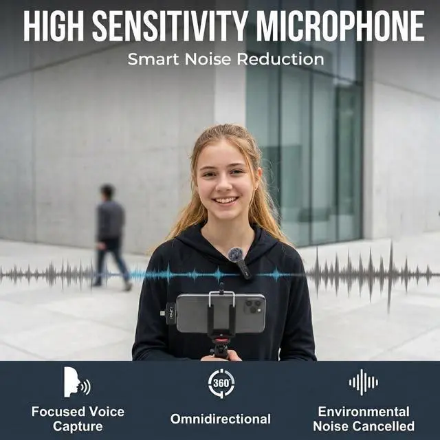 Alt view image 2 of 7 - Mini Microphone for iPhone & Android,16H Battery, Noise Cancelling Lavalier Microphone, Clip On Lapel Mic Pro for Content Creators Vlogging/YouTube/Tiktok/Streaming/Interview/Video Recording