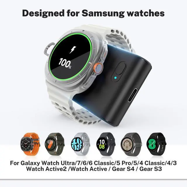 Alt view image 2 of 7 - for Samsung Galaxy Watch Charger, 2000mAh 2-in-1 Portable Charger for Samsung Galaxy Watch 8/7/Ultra/6/6 Classic/5/5 Pro/4/3/Active 2 with Keychain (Black)