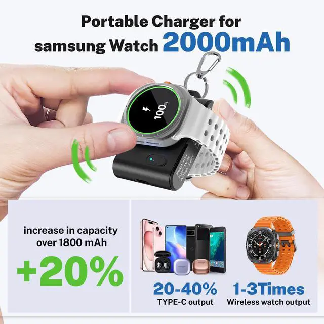 Alt view image 3 of 7 - for Samsung Galaxy Watch Charger, 2000mAh 2-in-1 Portable Charger for Samsung Galaxy Watch 8/7/Ultra/6/6 Classic/5/5 Pro/4/3/Active 2 with Keychain (Black)