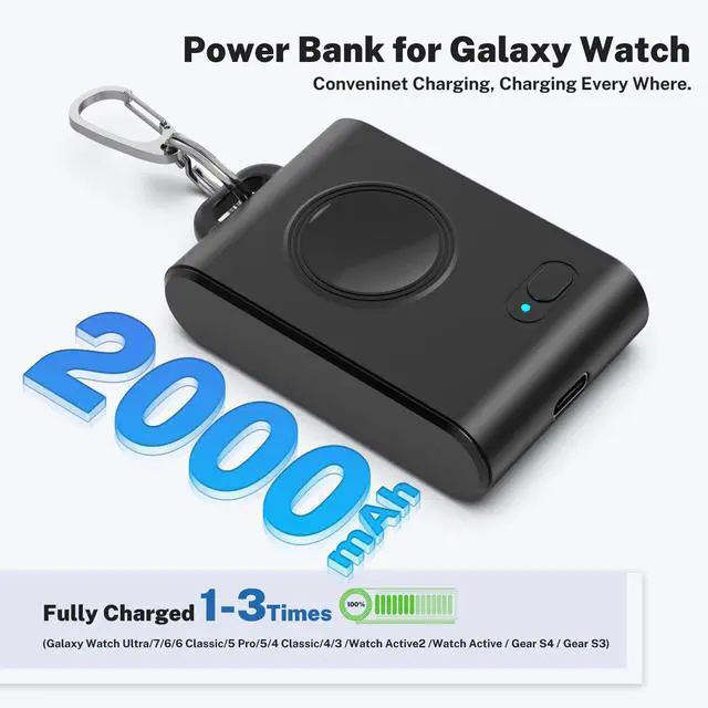 Alt view image 4 of 7 - for Samsung Galaxy Watch Charger, 2000mAh 2-in-1 Portable Charger for Samsung Galaxy Watch 8/7/Ultra/6/6 Classic/5/5 Pro/4/3/Active 2 with Keychain (Black)