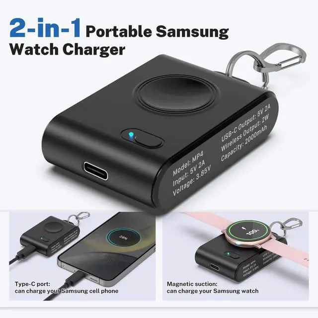 Alt view image 5 of 7 - for Samsung Galaxy Watch Charger, 2000mAh 2-in-1 Portable Charger for Samsung Galaxy Watch 8/7/Ultra/6/6 Classic/5/5 Pro/4/3/Active 2 with Keychain (Black)