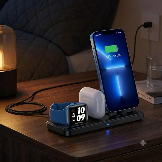 Alt view image 2 of 5 - 3 in 1 Wireless Charging Station for Apple Multiple Devices, Magnetic Charging Dock for Phone 14/13/12, Fast Charging Stand for iWatch AirPods, Foldable Travel Phone Charger