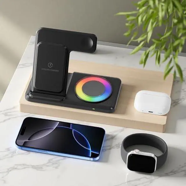 Alt view image 2 of 7 - Charging Station with RGB Light for iPhone 17 16 15 14 Pro Max 13 12, Travel 3 in 1 Wireless Charger Stand for Apple Multiple Devices, iWatch 11 10 9 8 7 6 5 4 3 2, Airpods 4 3 Pro Black