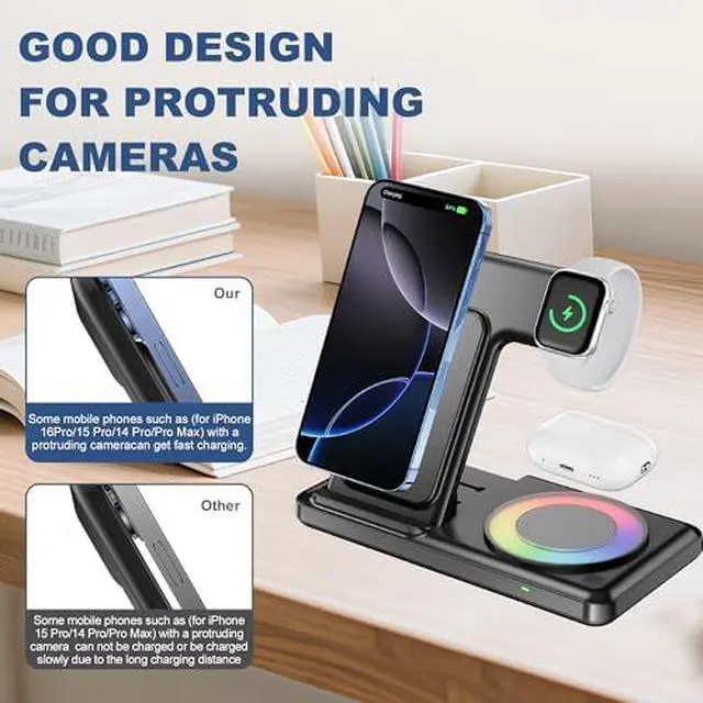 Alt view image 5 of 7 - Charging Station with RGB Light for iPhone 17 16 15 14 Pro Max 13 12, Travel 3 in 1 Wireless Charger Stand for Apple Multiple Devices, iWatch 11 10 9 8 7 6 5 4 3 2, Airpods 4 3 Pro Black