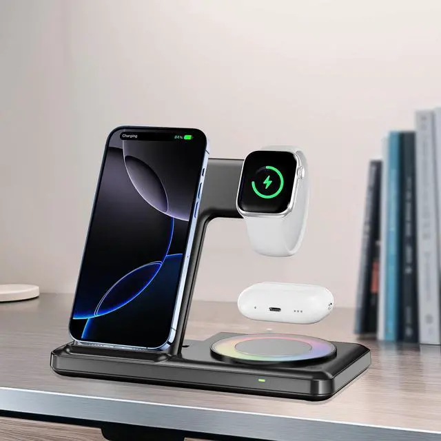 Alt view image 4 of 7 - Charging Station with RGB Light for iPhone 17 16 15 14 Pro Max 13 12, Travel 3 in 1 Wireless Charger Stand for Apple Multiple Devices, iWatch 11 10 9 8 7 6 5 4 3 2, Airpods 4 3 Pro Black