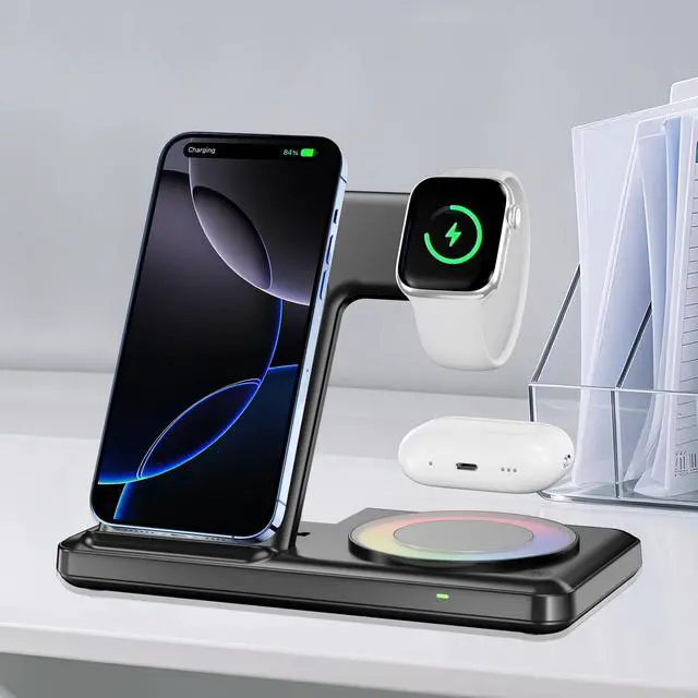 Alt view image 7 of 7 - Charging Station with RGB Light for iPhone 17 16 15 14 Pro Max 13 12, Travel 3 in 1 Wireless Charger Stand for Apple Multiple Devices, iWatch 11 10 9 8 7 6 5 4 3 2, Airpods 4 3 Pro Black